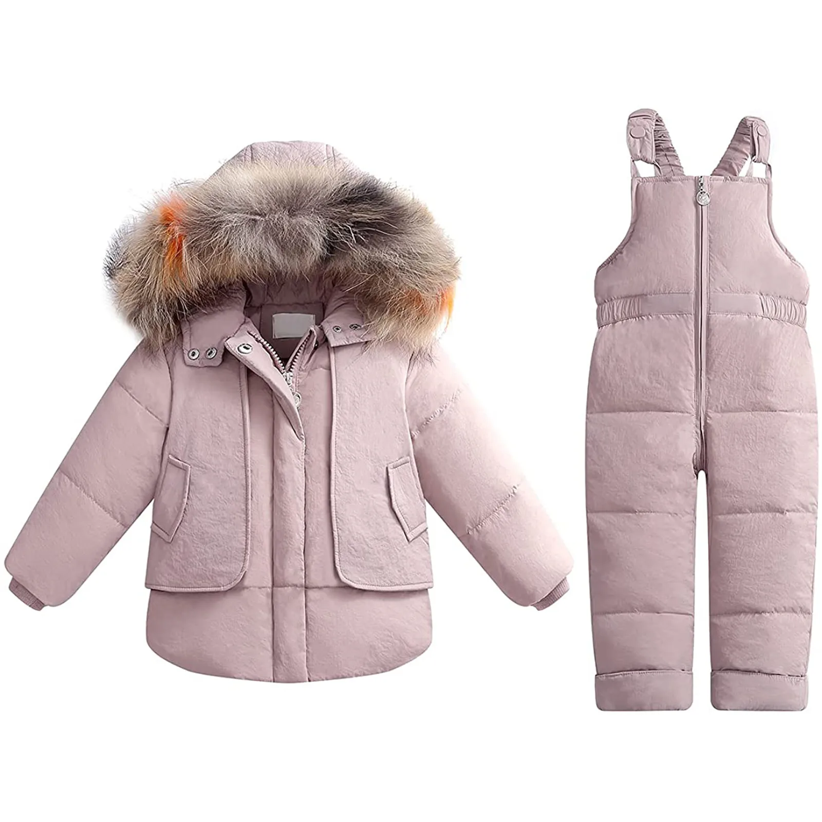 Fashionable Winter Down Jacket Fur Hooded Baby Boy Girl Overalls Warm Kids Coat Child Snowsuit Snow Toddler 2 Piece Clothing