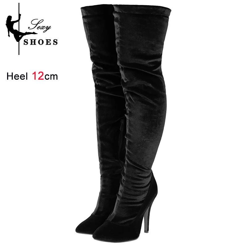 Autumn Velvet Over-the-Knee Elegant Woman Heeled Shoes Pointed Toe Side Zipper Thigh High Boots Fashion Long Boots Large Size 43