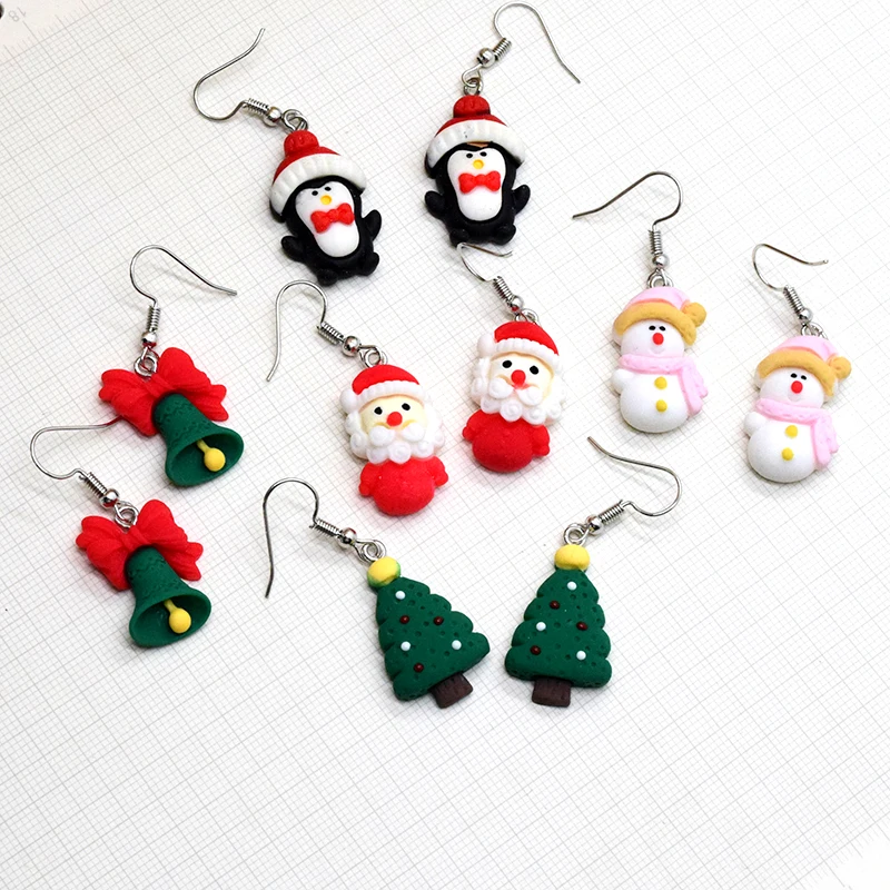 Cute Santa Claus Snowman Penguin Drop Earring For Women Kid Gift Resin Cartoon Christmas Tree Bell Pendant Earring Party Jewelry