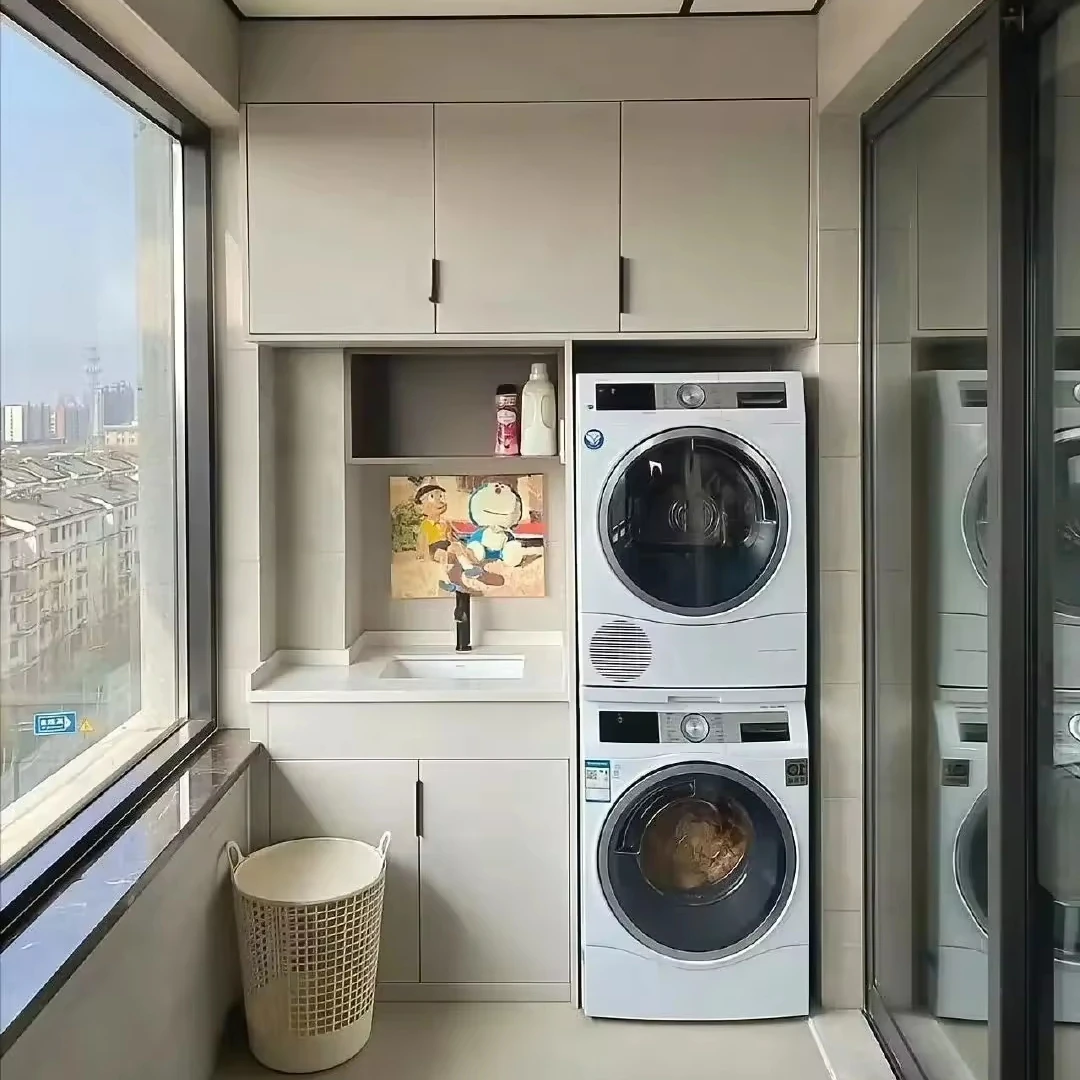 

Customized Balcony Laundry Cabinet with Big Storage Pantry for Built in Washing Machine