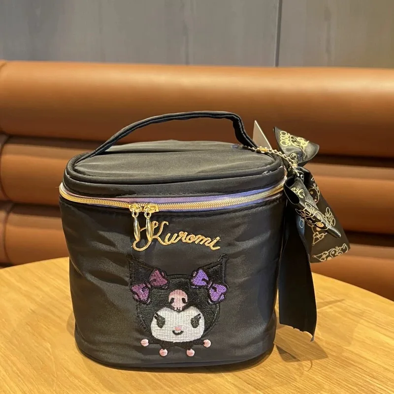 MINISO Fashion Kuromi Makeup Bag Cartoon Print Large Capacity Storage Bag Washing Bag Handheld Makeup Bag Cylinder Bag