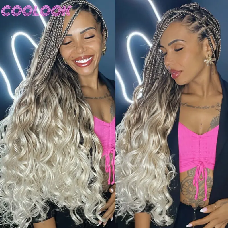 

Full Lace Braided Wigs Synthetic Ombre Grey French Curls Cornrow Braided Wigs 26" Jumbo Braided Wigs Faux Locs Wigs Braiding Wig