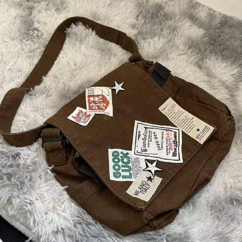 Y2k Messenger Bag Brown Old School Style Star Patch Canvas Students School Bags Street Cool Vintege Cross Body Book Bags College