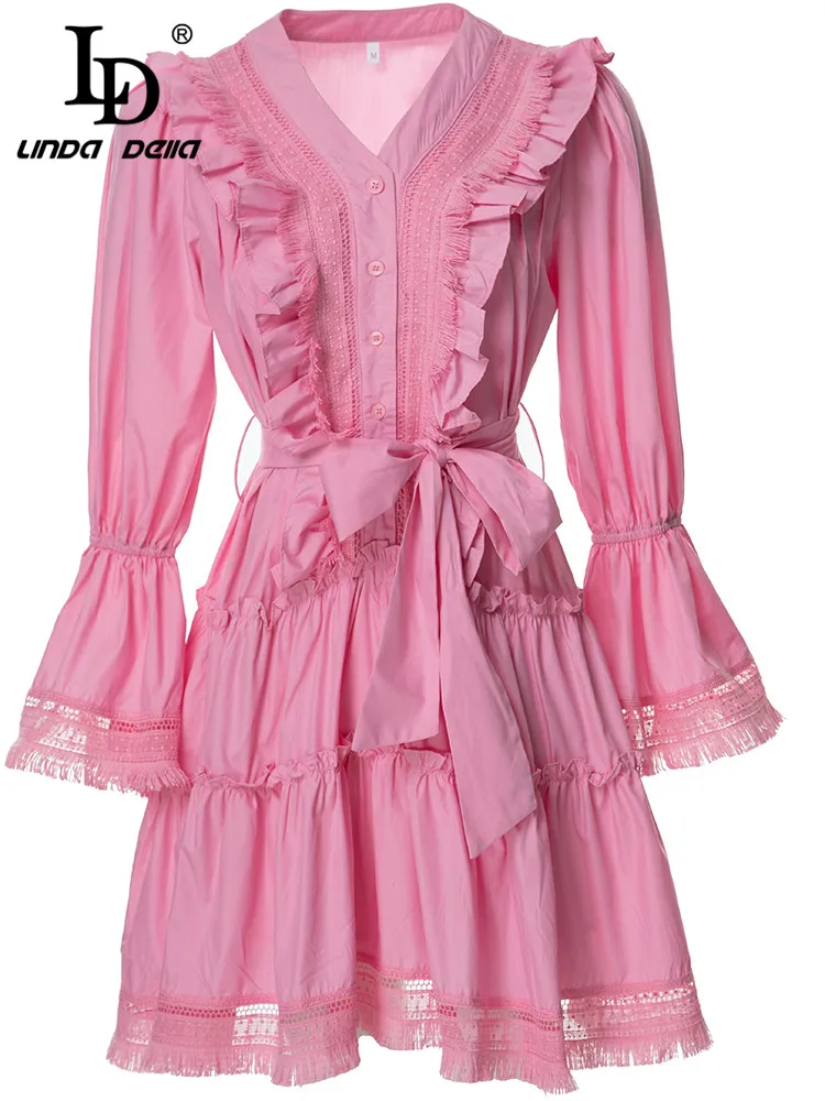 

LD LINDA DELLA 2023 New Fashion Runway Spring Short Dress Women V-Neck Belt Flare Sleeve Belted Slim Mini Pink Dress