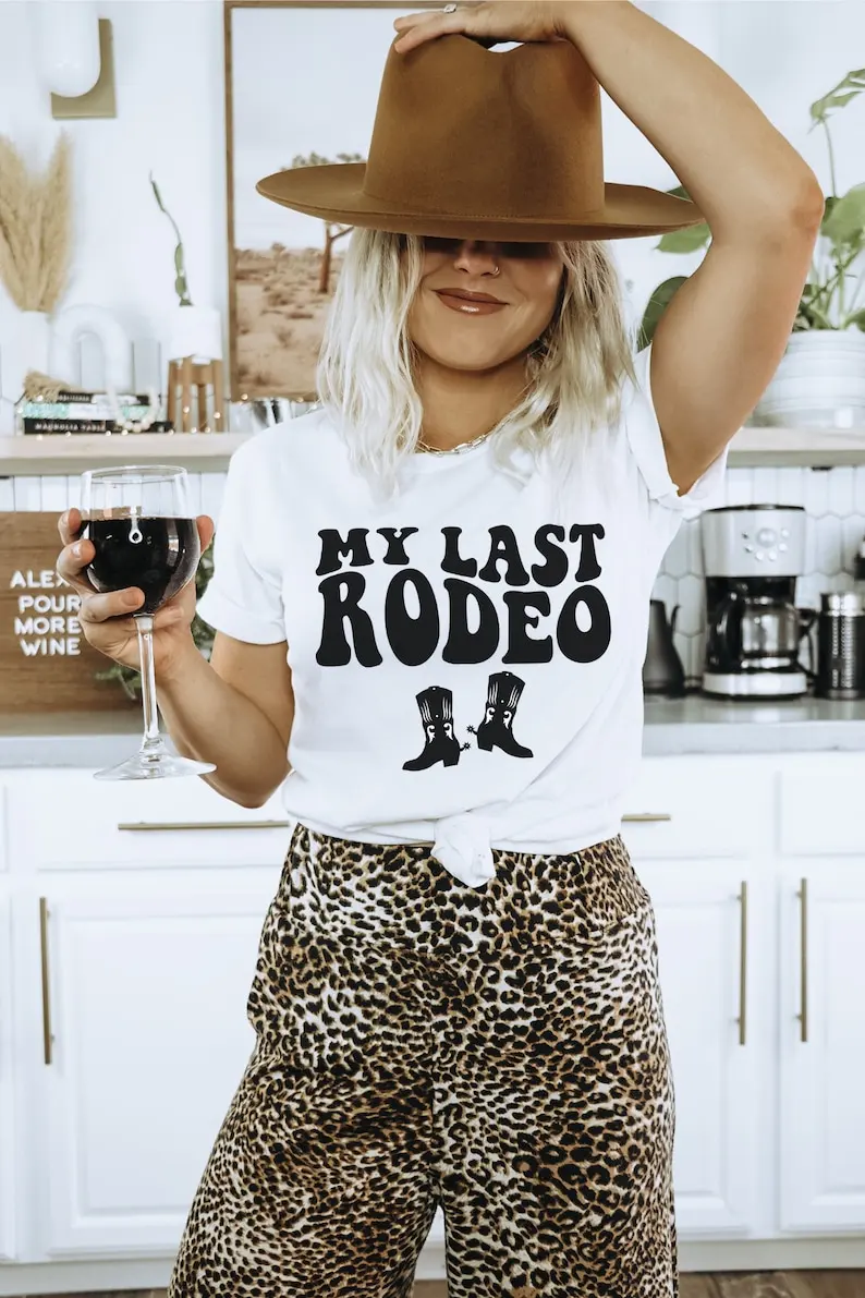 Country Bachelorette Party Shirt, Retro Cowgirl Brides, Last Rodeo, Short Sleeve Top Tees, O Neck, 100% Cotton, Y2K Goth DstressShipping