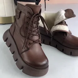 Womens Snow Boots 2024 Winter New Platform Cotton Shoe Retro Black/Brown Round Toe Lace-up Zipper Modern Motorcycle Boot