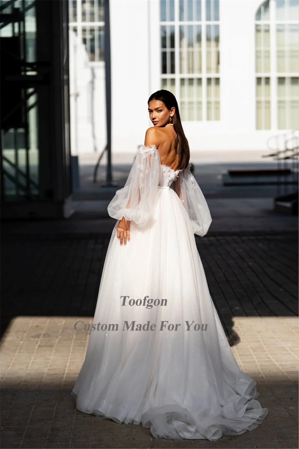 Toofgon Shiny Tulle abiti da sposa da sposa sbuffo rimovibile maniche lunghe fiori abiti da sposa Boho fessura laterale abiti da sposa principessa