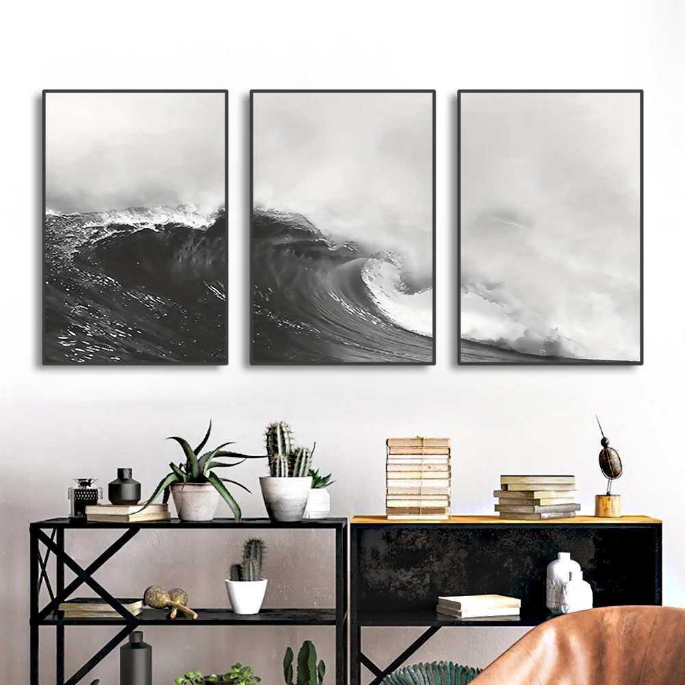 Black and White Ocean Waves Canvas Painting Wall Artwork Nature Seascape Poster HD Print Picture for Living Room Home Decorative