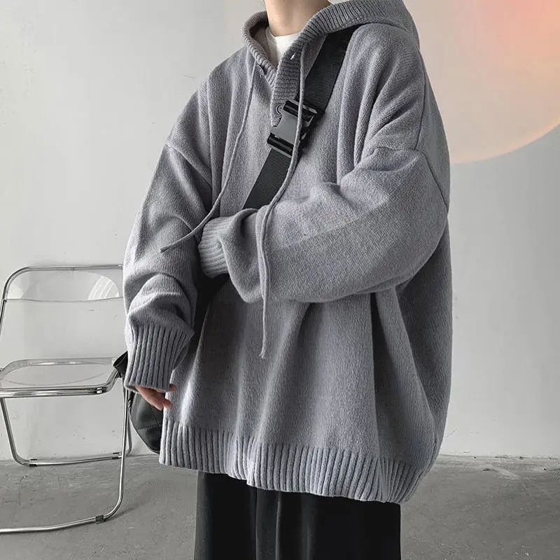 Spring Autumn Men\'s Hooded Sweater Vintage Loose Knitwear Coat Solid Color Fashion Versatile Casual Long Sleeve Pullover Sweater