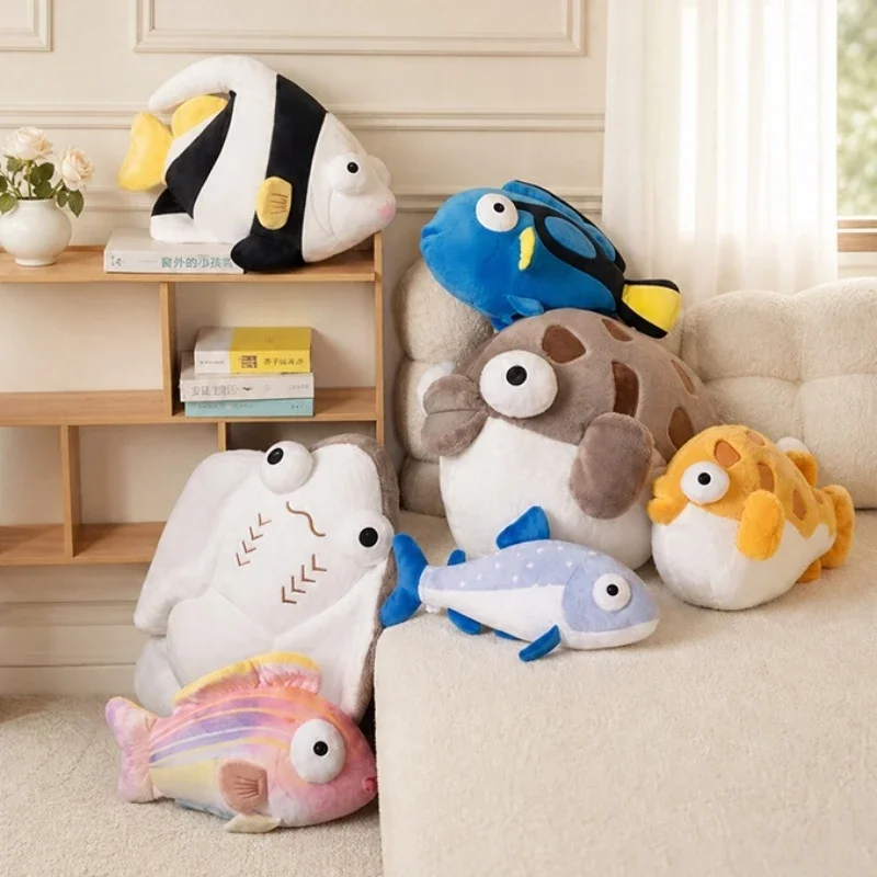 Soft Fluffy Ocean Fish Plush Pillow Puffer Fish Stuffed Animal Cushion Cuddle Toy For Sofa Bed Office Rest Home Decor Gift