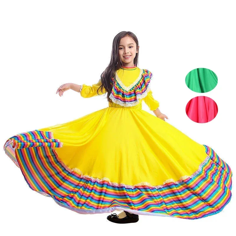 DY20Purin الفتيات الصغيرات المكسيكي فستان حفلة عيد ميلاد الهالوين زي الاطفال الطفل المكسيك الفلامنكو تنورة رقص أصفر أخضر ros ZM #2