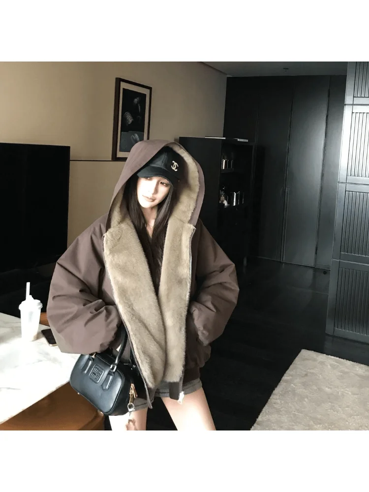 

Двусторонняя одежда Thiened, американская ретро-шапка с имитацией норки, хлопковое дэт, зимнее теплое пальто для пар, верхняя одежда M, пальто