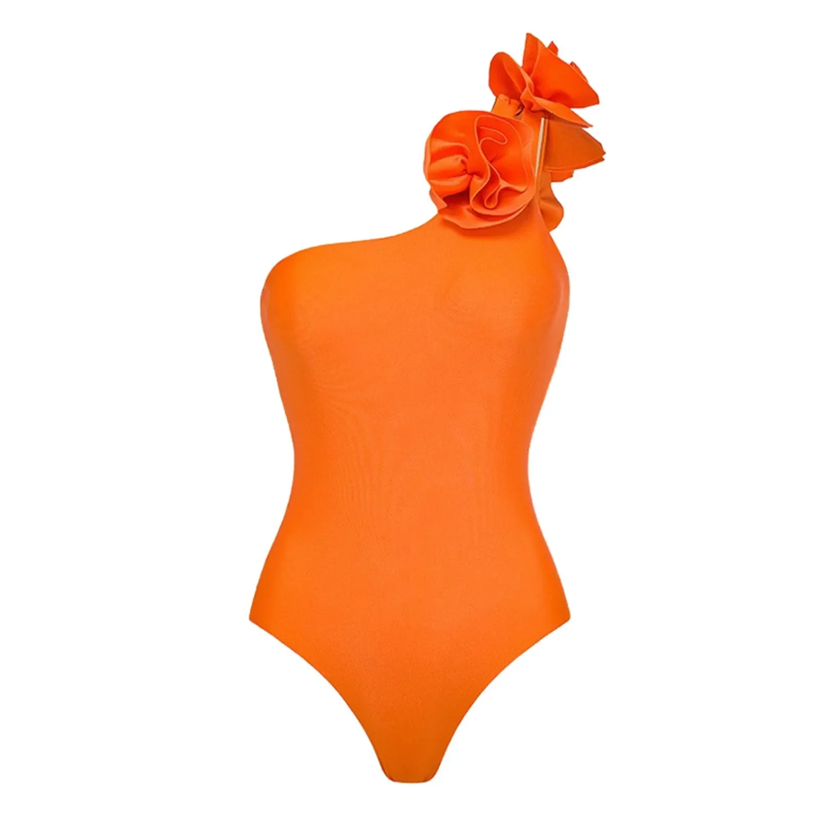 Women Fashion One Shoulder Swimsuit 3d Flower With Breast Pads Women Shiny Orange Premium Swimsuit With Printed Cover Up Dress