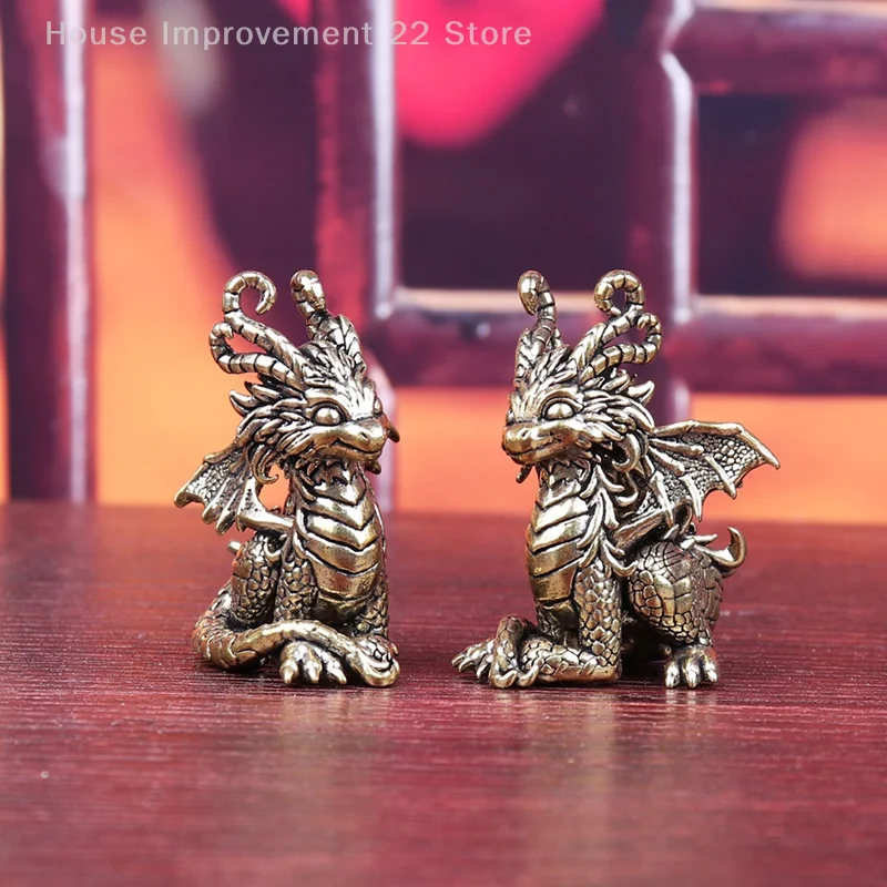Antique Bronze Ornament Chinese Mythical Animal Dragon Statue Copper Figures Miniatures Pure Brass Dragon Paperweight Collection