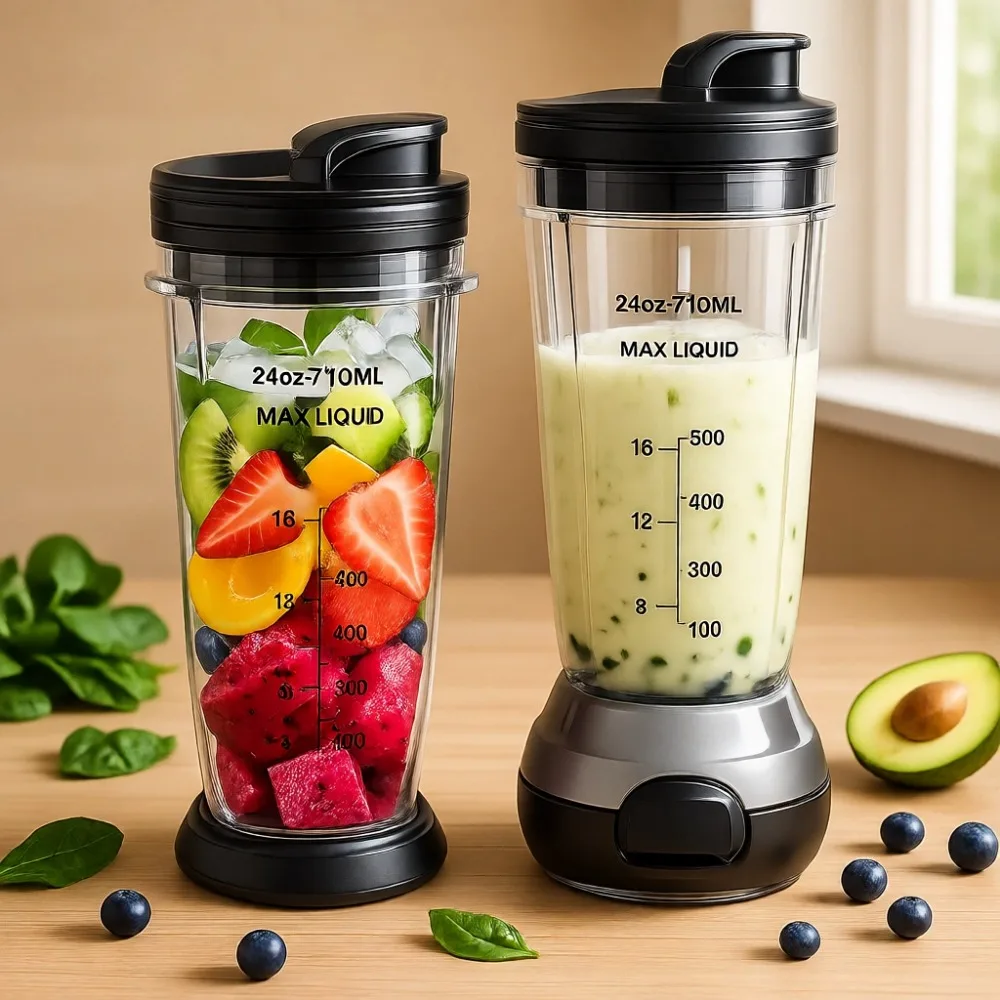 

Два стакана для блендера объемом 24 унции с герметичной крышкой, щеткой для чистки и 24 этикетками для записей, подходящими для определенных моделей.