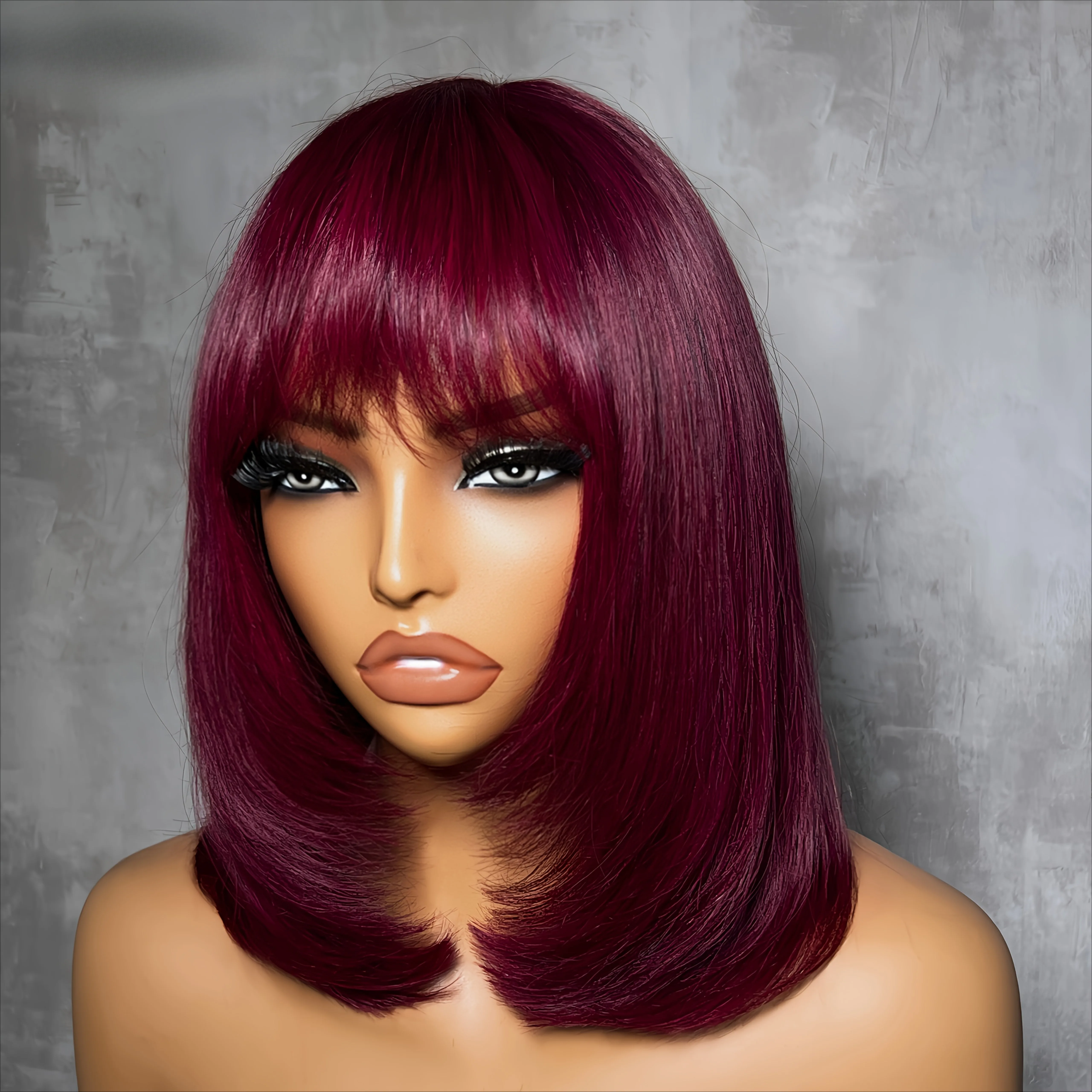 99J Burgundy Red Wig Layered Cut Short Bob Lace Front Wig with Bangs 13x4 HD Synthetic Cosplay Makeup Daily On Clearance Sale