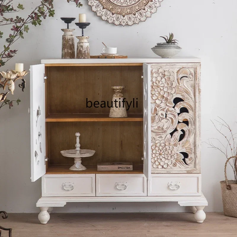 

American retro home entrance cabinet double door solid wood carving flower foyer art table old dining side cabinet