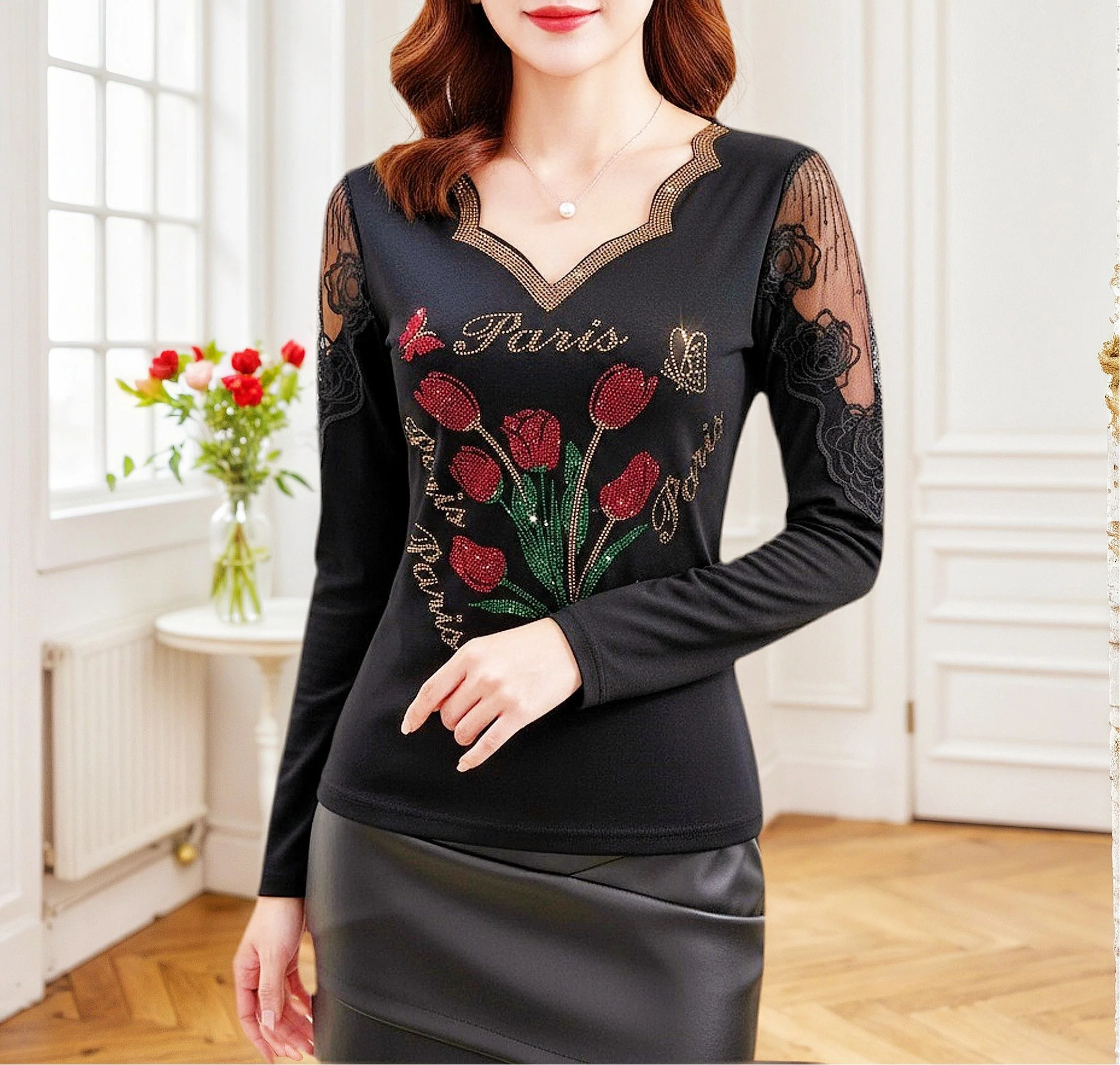 

New,European,Clothes,Cotton,T-Shirt,Chic,Sexy,V-Neck,Shiny,Diamonds,Flower,Patchwork,Lace,Women,Tops,Long Sleeve,Slim,Tees,51001