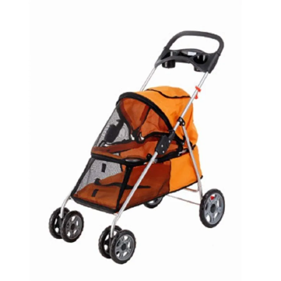 

Pet Dog Buggy Stroller Trolley Easy Folding Shockproof Four Wheels Water Resistant with Double Cap Holder Food Tray