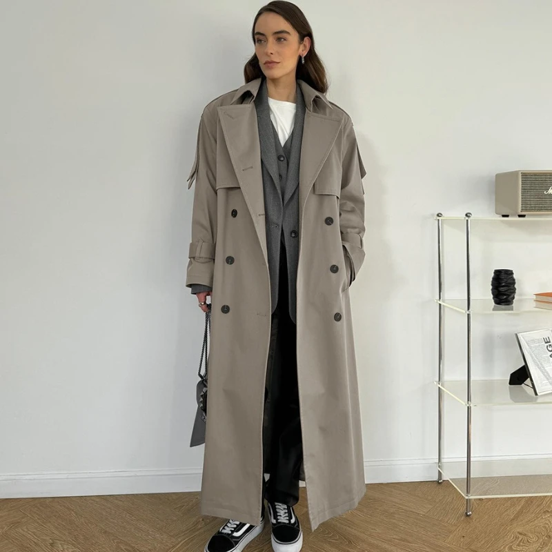 

TARUXY Retro Loose Lace-Up Trench Coat Women's Fashion Lapel Double-Breasted Pocket Long Sleeve Long Coat Autumn Commuter Jacket