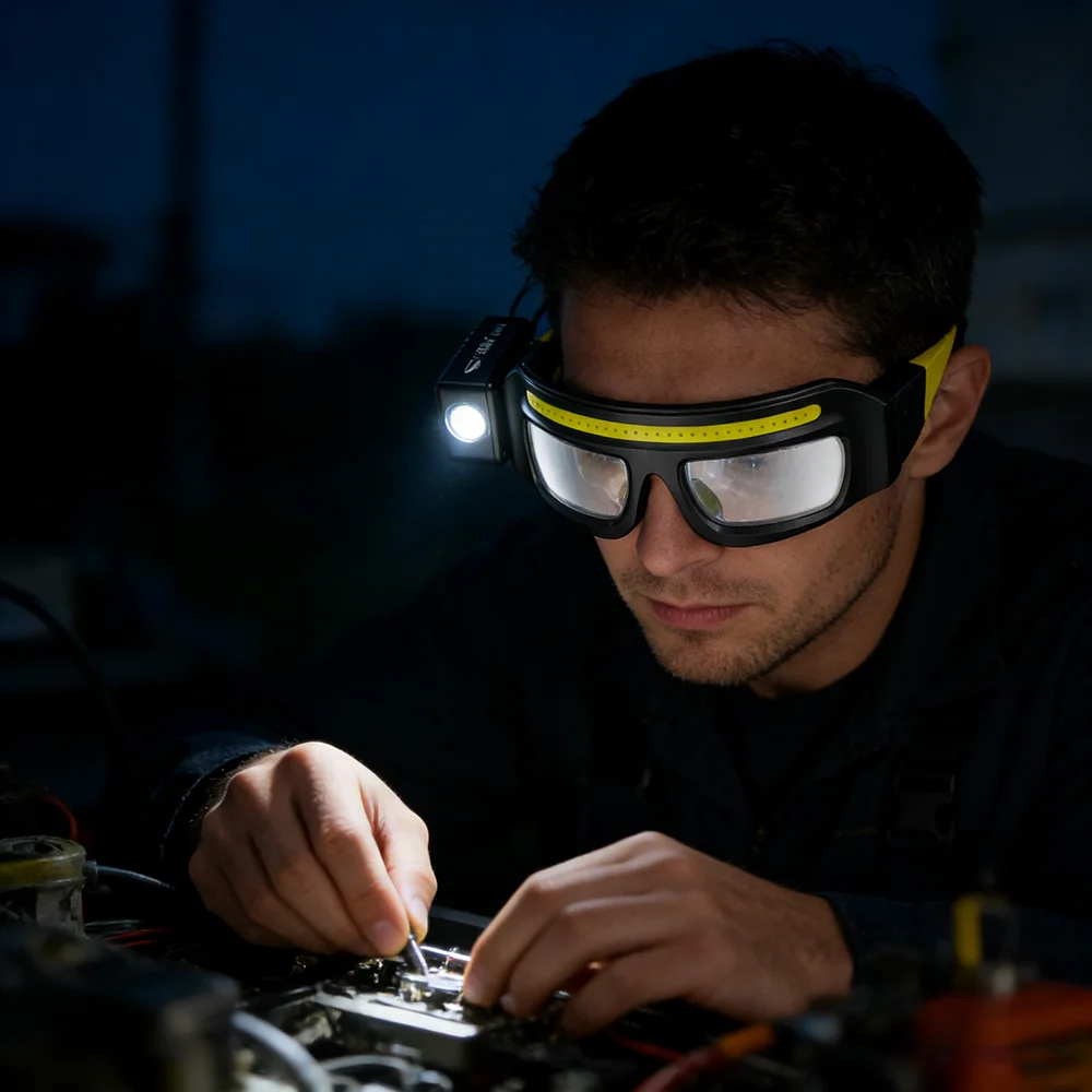 2026 New Safety Glasses IPX4 Waterproof COB Headlight Type-C Rechargeable Work Light Double Light Source Protective Eyewear