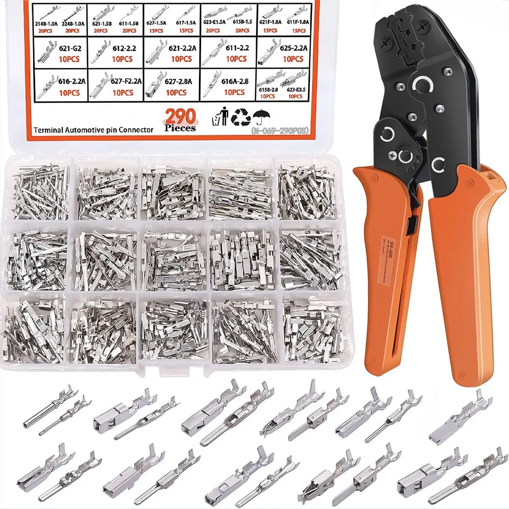 290PCS Terminal Pin Connector 1/1.5/1.8/2.2/2.8/3.5mm21Type Non-Insulated Plug Removal Male Female Crimp Pin with Crimping Plier