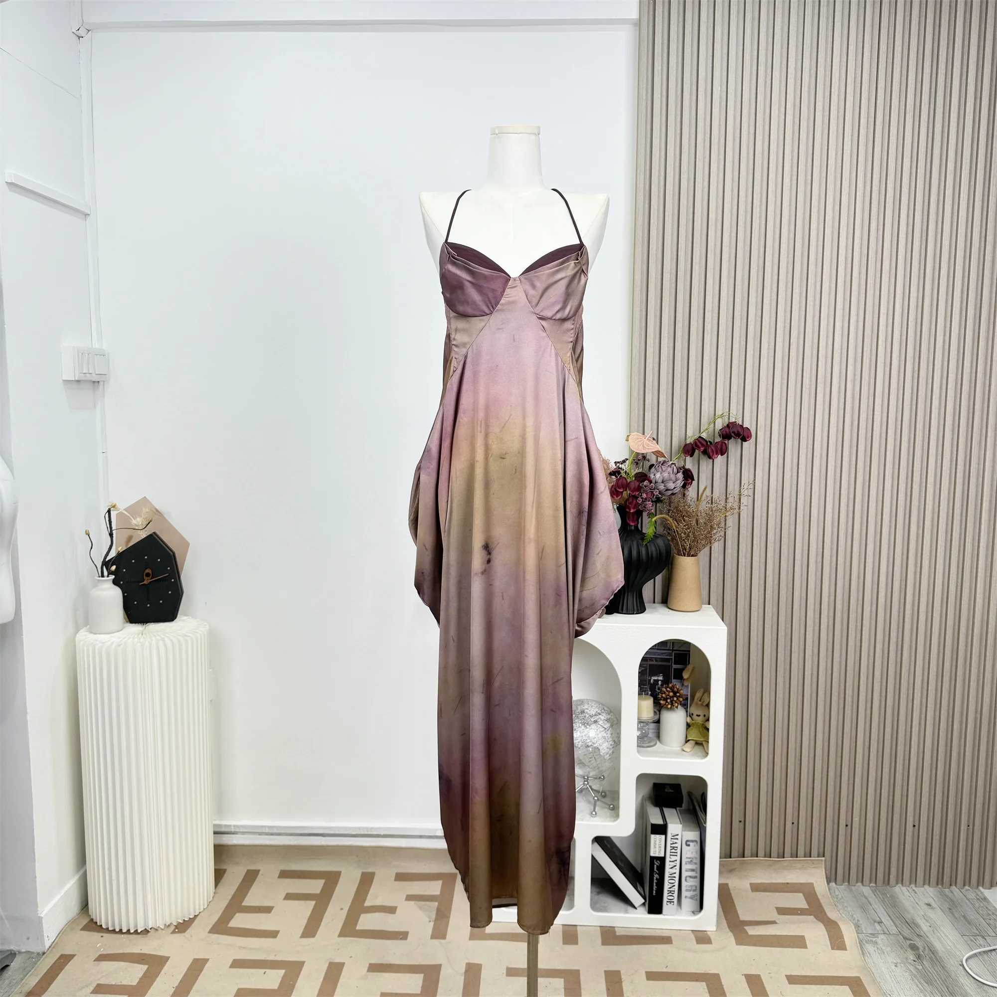 

Gradient Tie Dye Print Sleeveless Long Dresses Women Fashion Casual V-neck Loose Vest Dress Female Summer A-line Vestidos