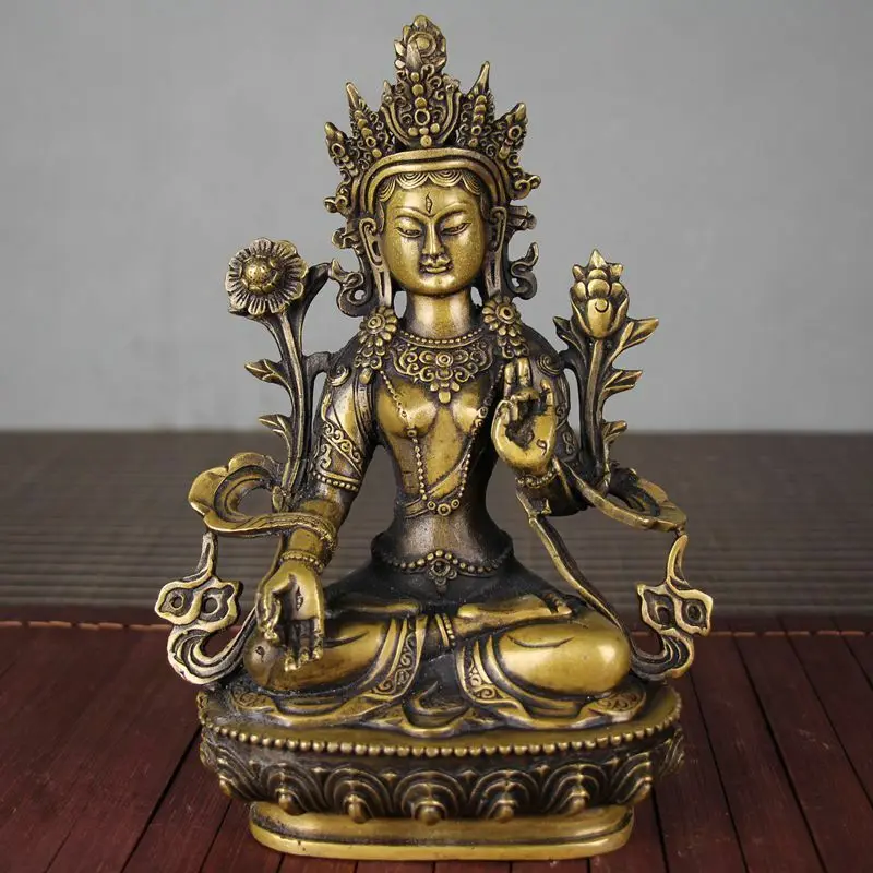 

Chinese Tibetan Buddhism old bronze Gilt Green Tara Tibetan Buddha Guanyin Statue