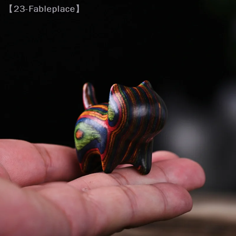 Rainbow Wood Carving Cat Sculptures Cat Ornaments Cute Colored Wooden Cat Turtle Rabbit Chick Snake Miniature Wooden Figurine