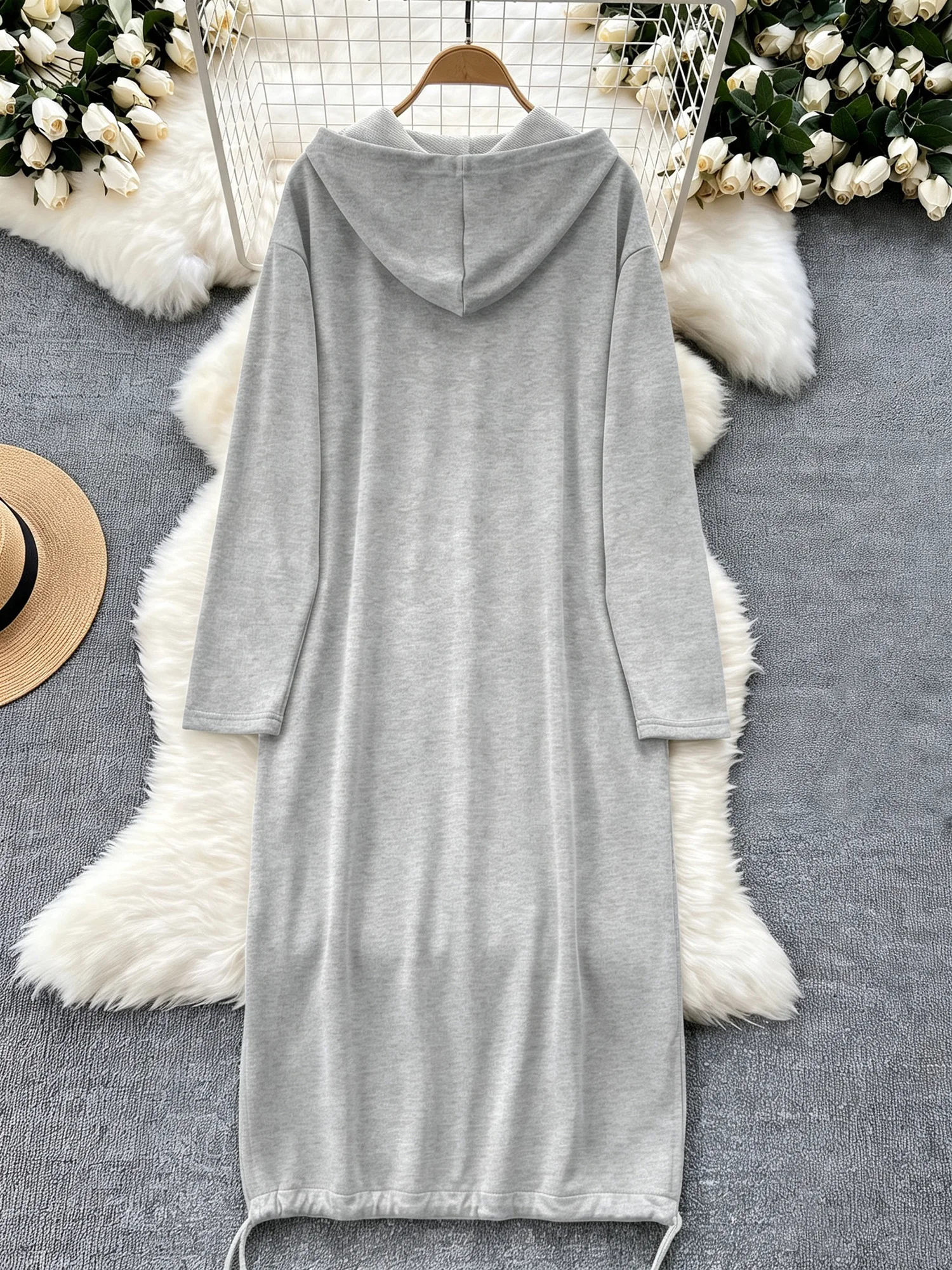 Women Long Hooded Sweatshirt Trench Coat Full Zipper Front Loose Maxi Casual Outer Garment