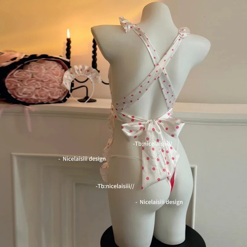 Sexy Lingerie Sweet Girl Pink Lace Apron Sexy Ligerie Women Cute Dots Maid Uniform Outfits Temperament Pajamas Erotic Costume