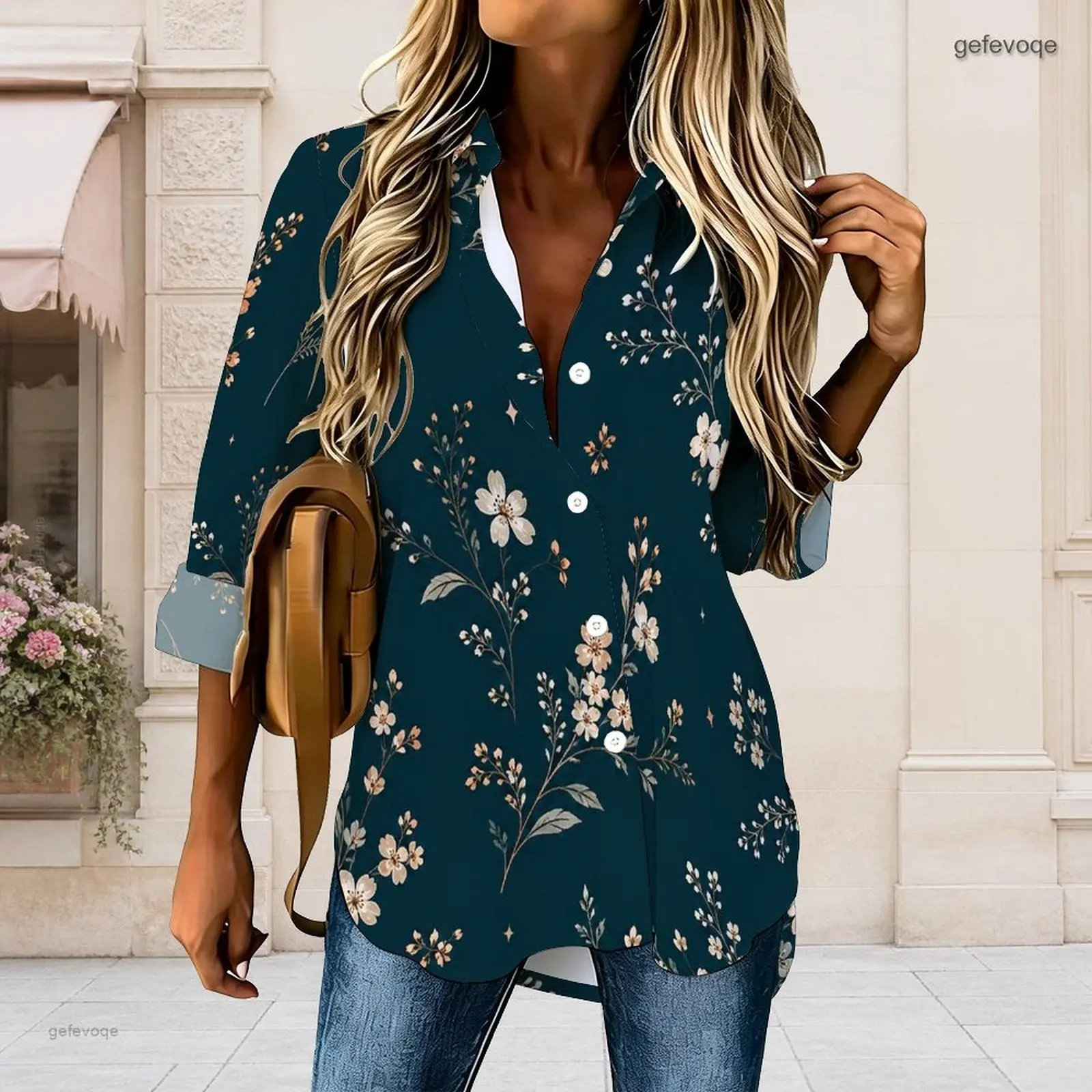 Women Dark Teal Floral Printed Collared Long Sleeve Button Front Curved Hem Shirt