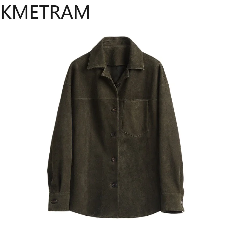 KMETRAM Genuine Leather Coat Quality Crossbreed Sheep Suede Closed Nap Leather Jacket Mid Length Shirt Jacket of Woman Loose 자켓