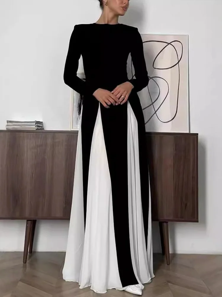 Wmstar 2025 New Women Fashionable Elegant Dress Tight A  Line Large Skirt Hem Long Sleeve Round Neck Dress Color Blocking