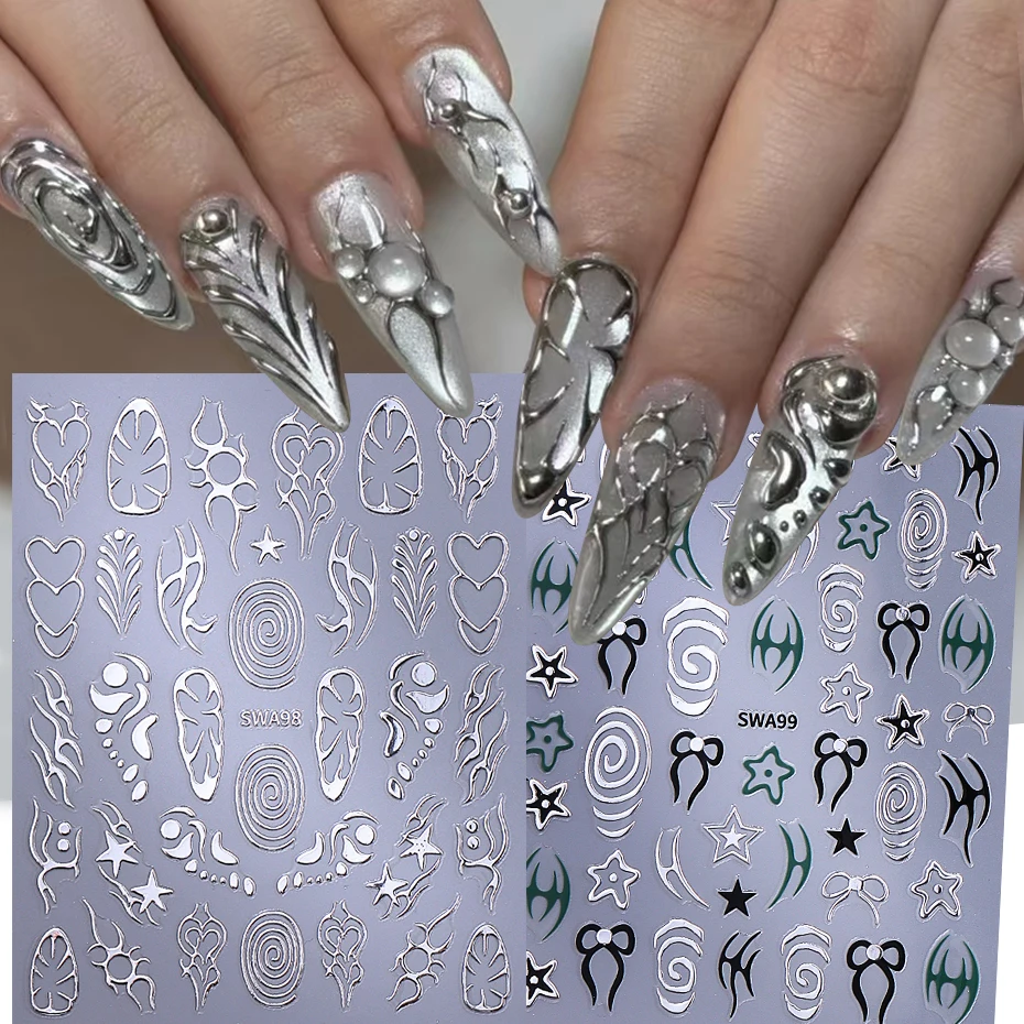 2 Stück Metallische Silberne Nagelaufkleber 3D Dornen-Flammen-Linien Schleifen Wirbel Stern Y2K Slider Decals DIY Holographische Maniküre-Dekoration