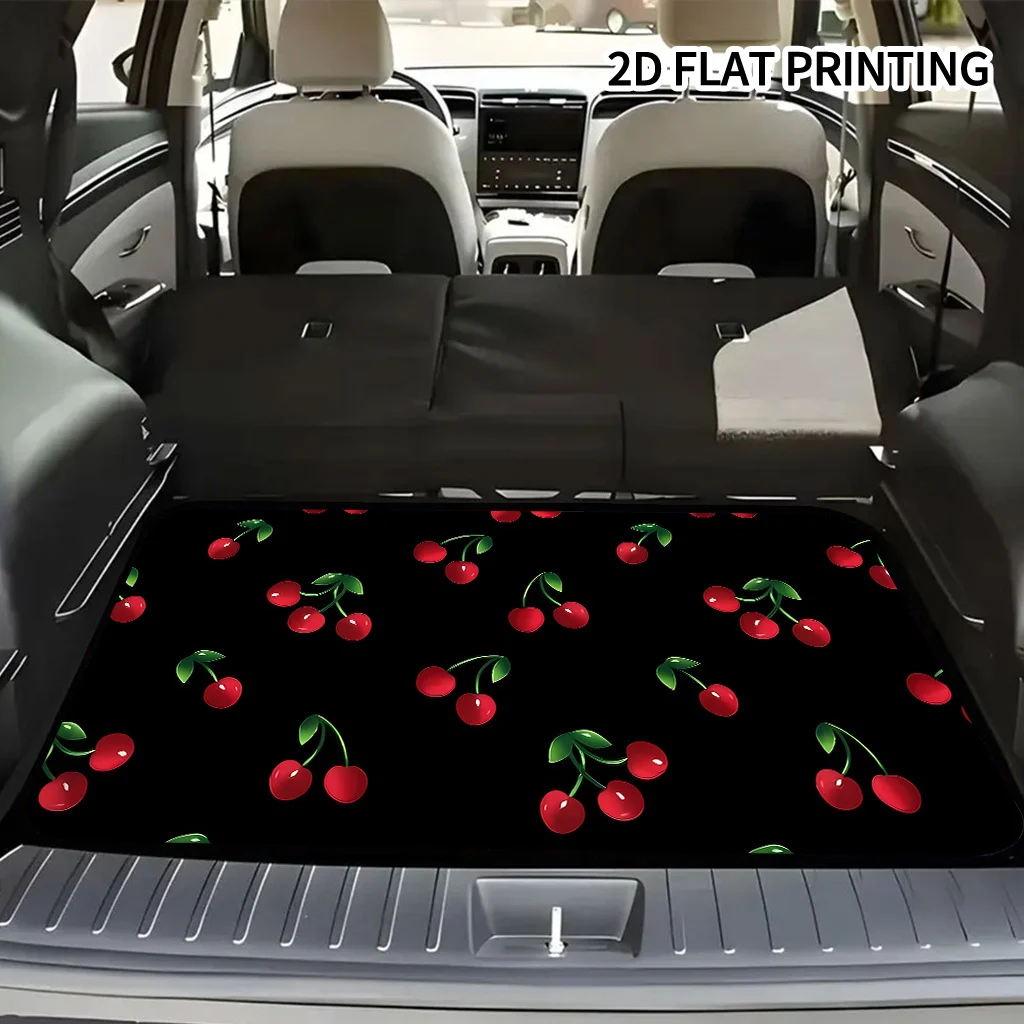1pc Red Cherry Pattern Black Background Car Trunk Mat, Suitable For Sedans, Trucks, And SUVs, Automotive Accessories, Durable Ca