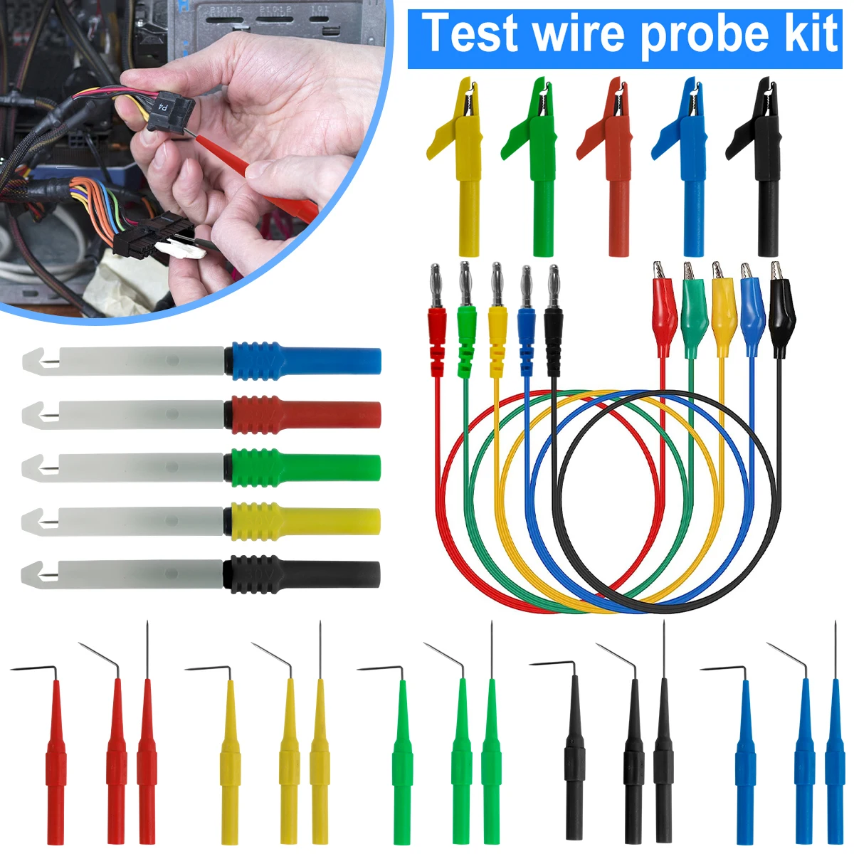 22/30PCS Multimeter Test Lead Kit 4mm Banana Plug to Alligator Clip Test Lead Probe Wire Piercing Probes 3 Different Angles