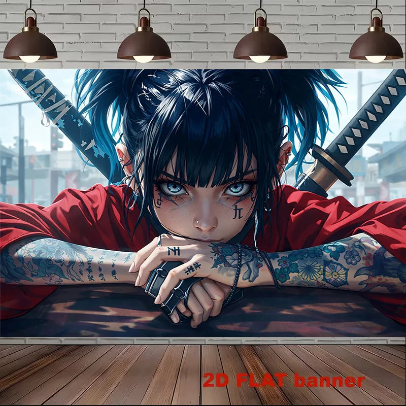 Japanese Anime Manga Character Tapestry Wall Hanging Decor Red Samurai Swords Aesthetic Print Kawaii Style Room Decoration Art P