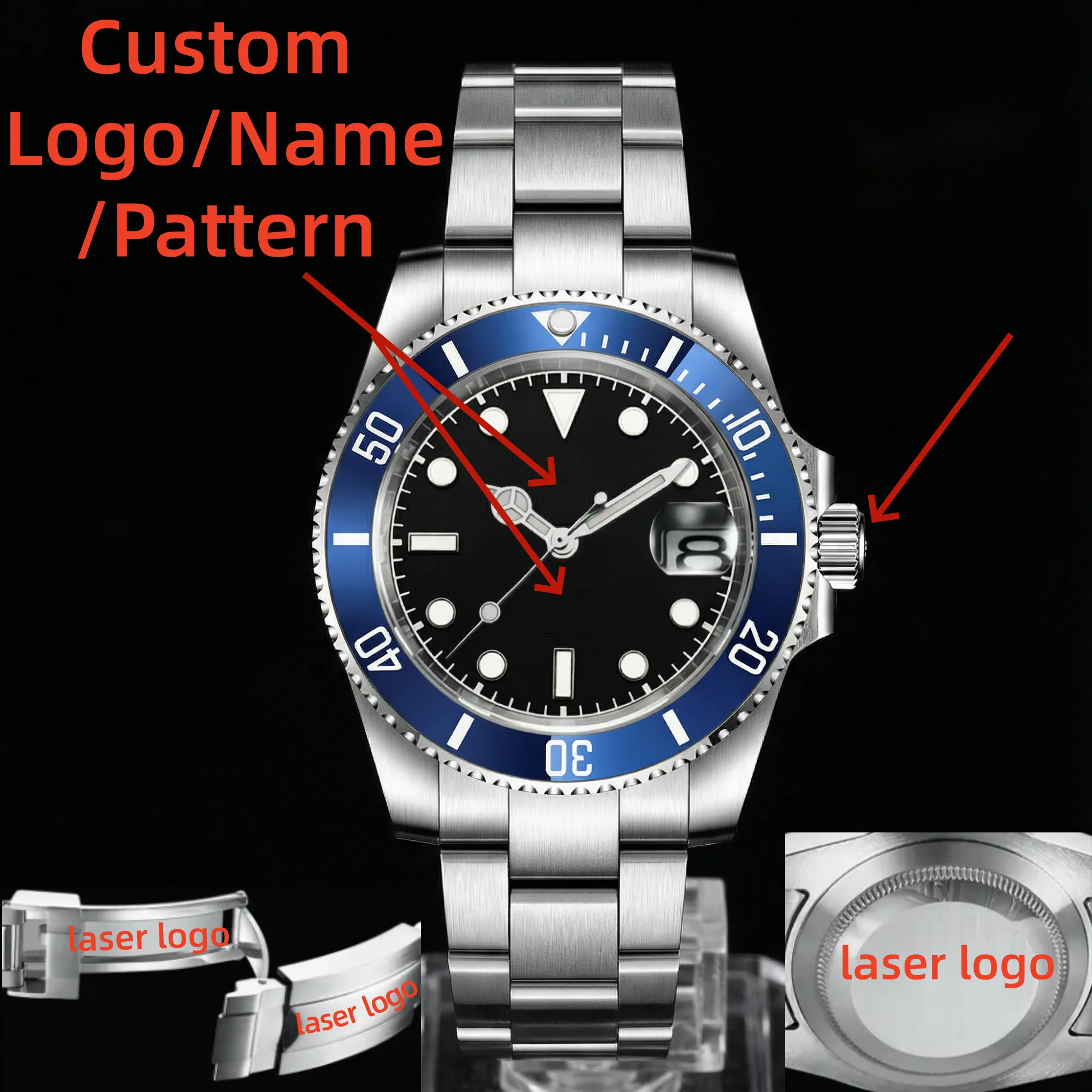 DIY Custom Men Sterile Watch 40MM PT5000 DG2813 MIYOTA 8215 Mechancial Wristwatch Ceramic Bezel 120 Click Steel Dive Glide Strap