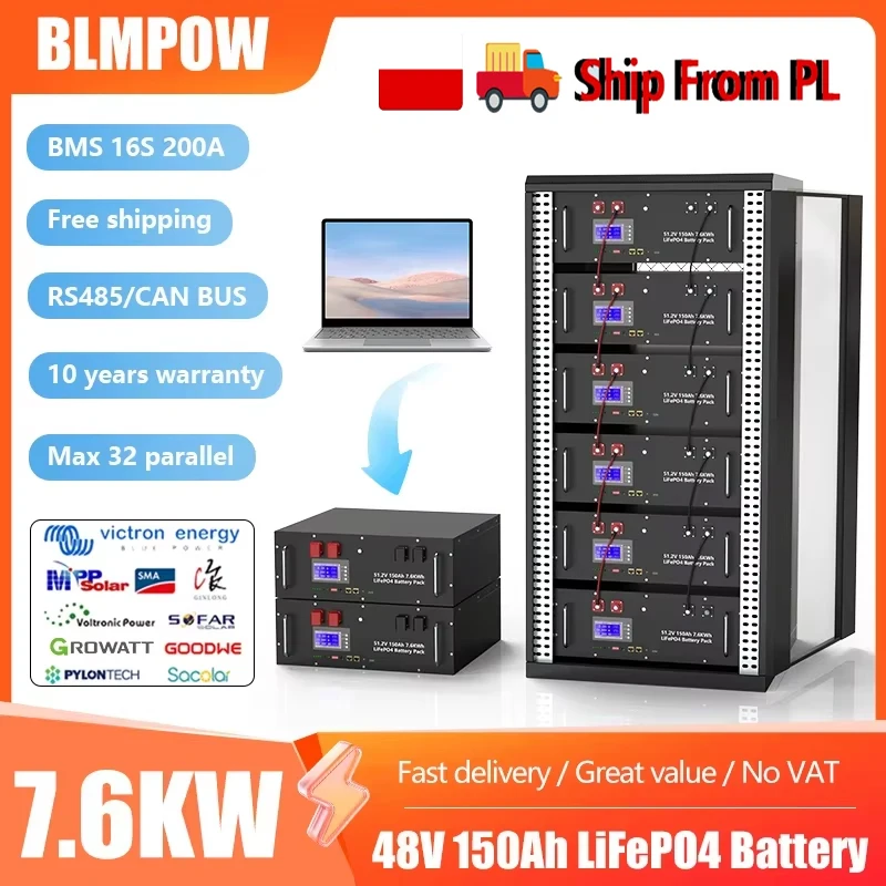 LiFePO4 Batterie 48V 100AH 150AH 300AH 51.2V Lithium-Solarbatterie 6000+ Zyklen mit Bluetooth BMS für Heimspeicher EU-Lagerbestand
