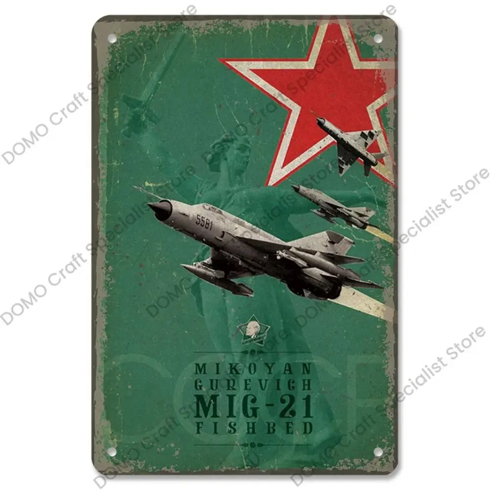 CIFBUY Pretty MIG21 Warplane Retro Tin Sign, Vintage Military Jet Art Print, Rustic Metal Wall Decor For Garage & Study