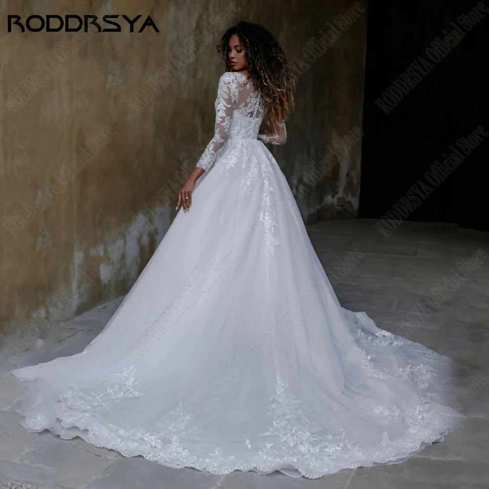 RODDRSYA-Robes de mariée de luxe pour la mariée, manches longues, col rond, appliques en dentelle, Brdie, quel que soit le tulle, A-ligne, éducatif, 2023