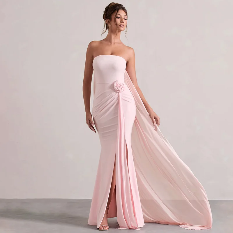 

3D Flower Strapless Women's Party Gown High Split Pleated Tailed Prom Dress Pink Black Backless Evening Dress Newest In Stock
