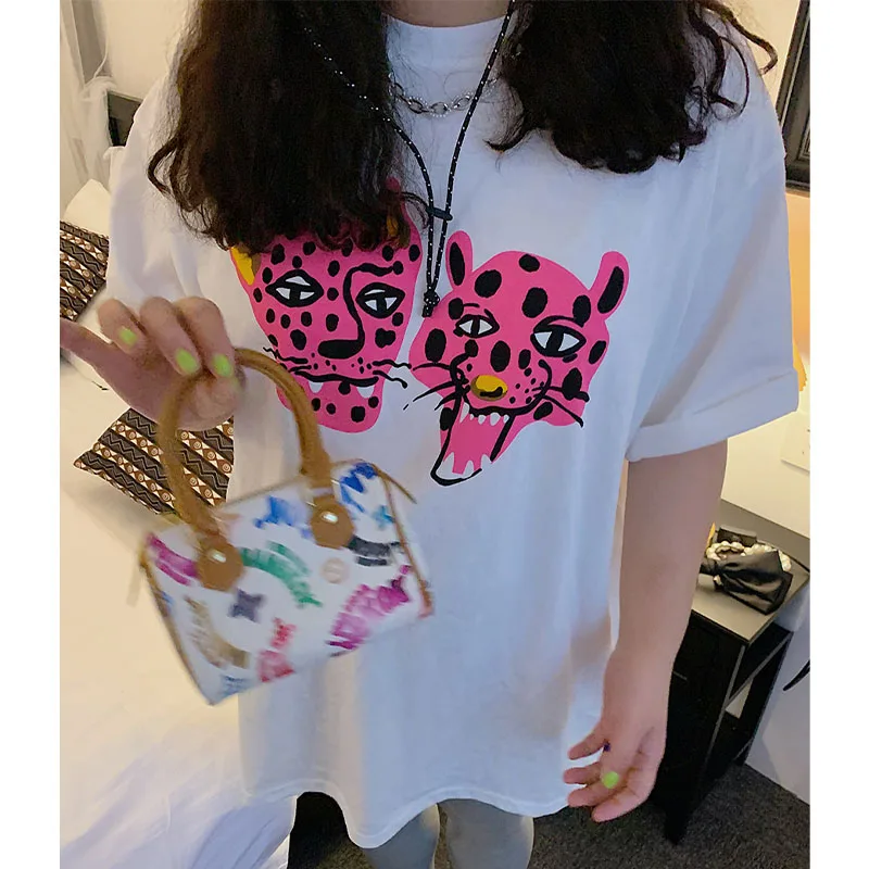 Kpop Pink Leopard Printing Women Summer Street Fashion Black T Shirts Short Sleeve Loose Cotton Tops 90s Y2K Tee Shirts