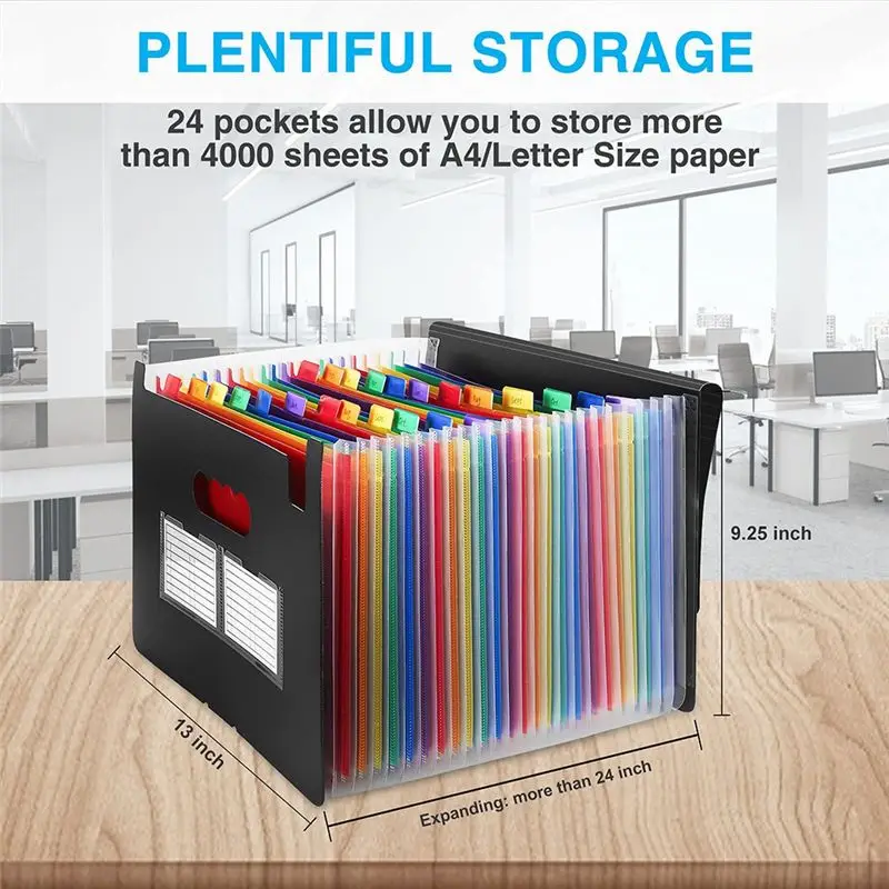 FTGT-24 Pockets Expanding File Folder with Blank Labels Desktop Accordion Folders Letter A4 Paper Document Storage Organizer