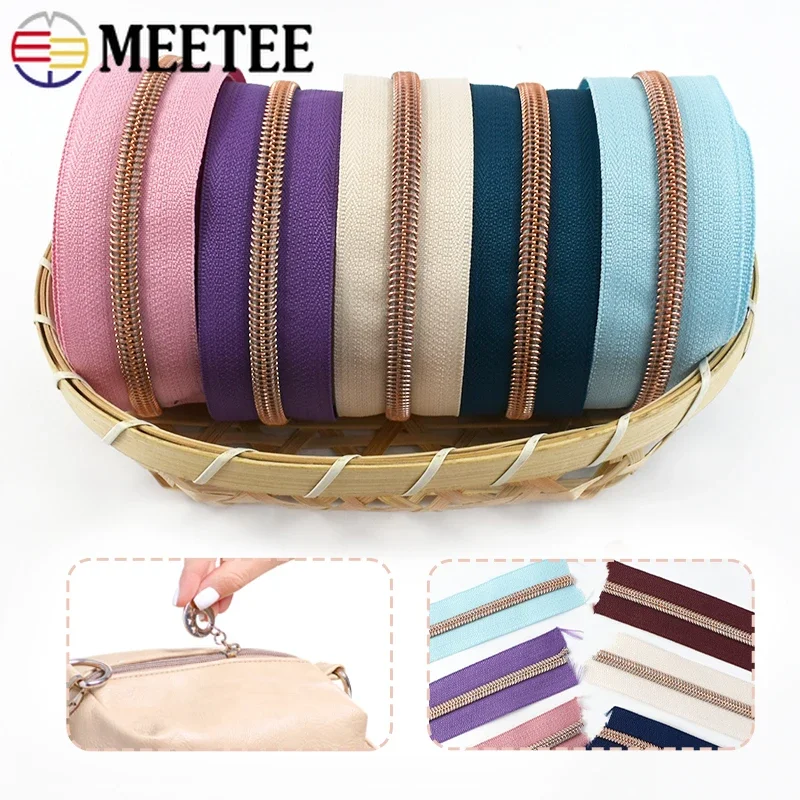 

2/3/5/8/10M Meetee 5# RoseGold Nylon Zipper Tape By Meter for Bag Pocket Zippers Repair Kit Clothes Zip Closure Sewing Accessory