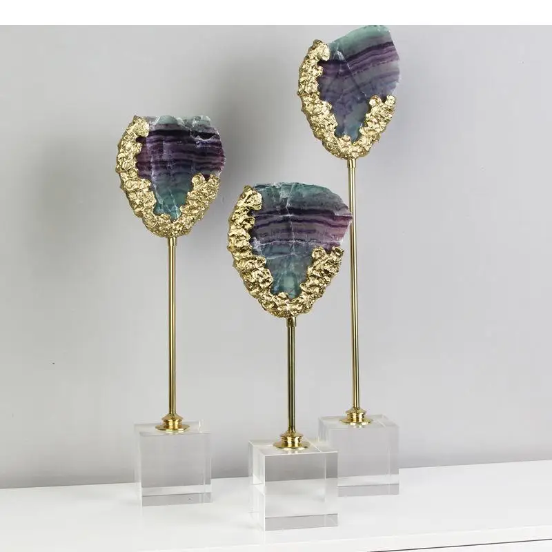 Natural Crystal Brass Fluorite Crafts Sculpture Room Aesthetics Living Decoration Ornaments Tabletop Statue