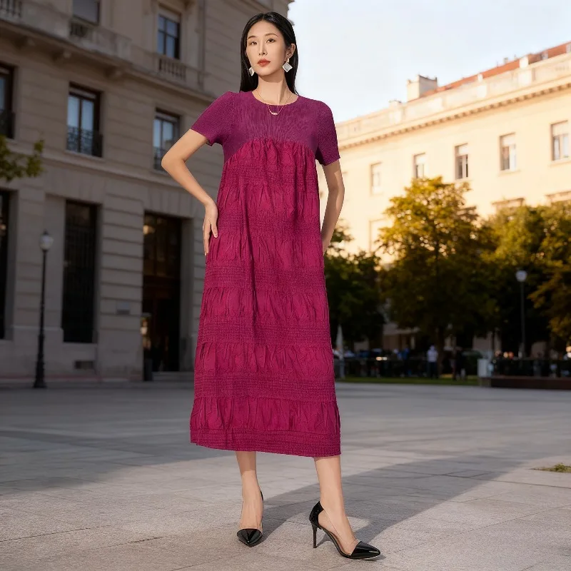 

Miyake плиссированные новые платья 2026, женские свободные рукава, тонкий пуловер с вышивкой и круглым вырезом, женская эластичная длинная юбка большого размера