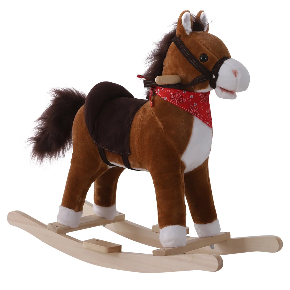 Kids Ride on Rocking Horse Plush Toy with Realistic Sounds and Red Scarf for Over 3 Years Old Birth Gift