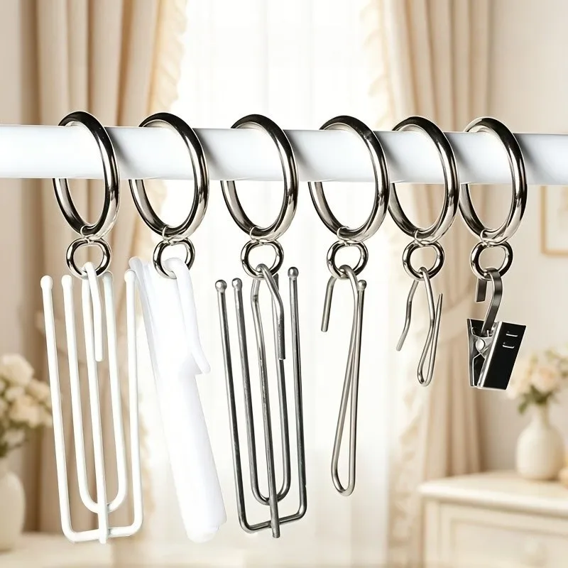 11 pcs 25mm Curtain Rings with Holes, Living Room Window Curtain, Silver Iron Material, Rust Resistant Finish